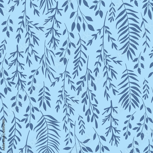 seamless botanical pattern, dark blue branches silhouettes on blue