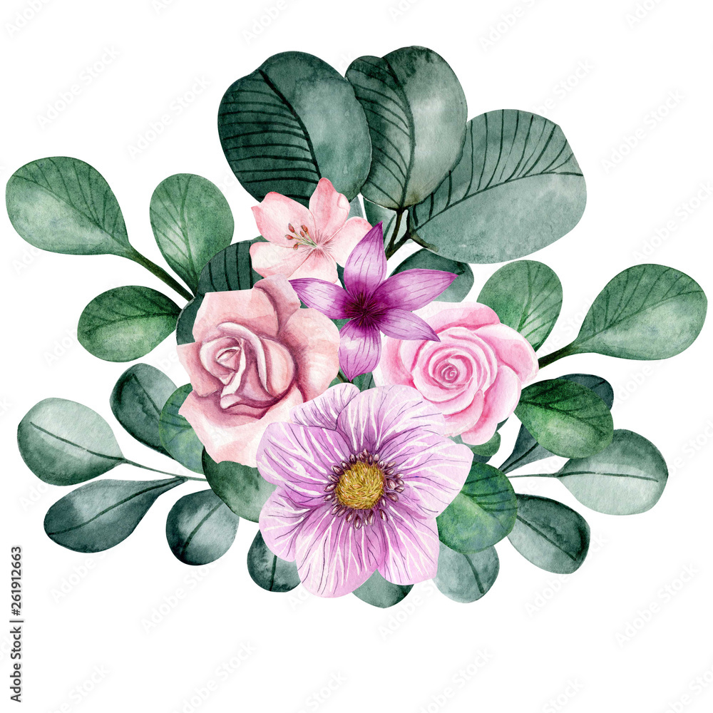  Watercolor flower illustration. Composition, frame, wreath, Individual elements