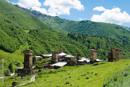 Ushguli, Georgia - Jun 21 2018: Svan Towers at Ushguli village in Samegrelo-Zemo Svaneti, Georgia. It is part of the UNESCO World Heritage Site - Upper Svaneti. photo