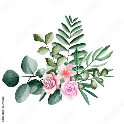  Watercolor flower illustration. Composition, frame, wreath, Individual elements