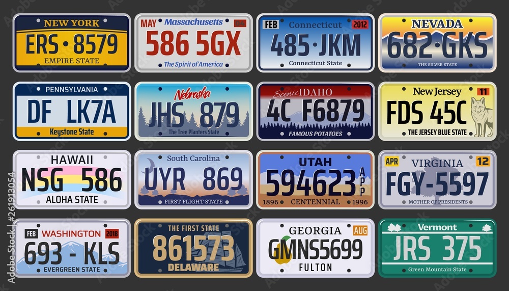 Car registration numbers and license plates in USA vector de Stock | Adobe  Stock