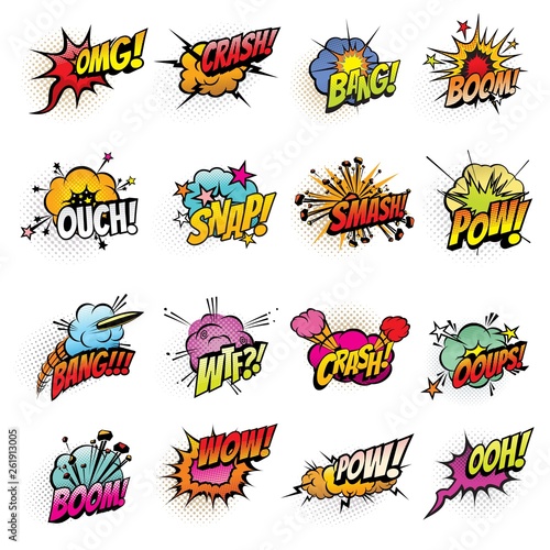 Comics bubbles with speech and sound effect clouds photo