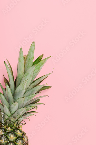 Ripe pineapple with green leaves on a pink background. Summer refreshing tropical dietary healthy fruit. Copy space, top view, flat, lay, minimal composition.