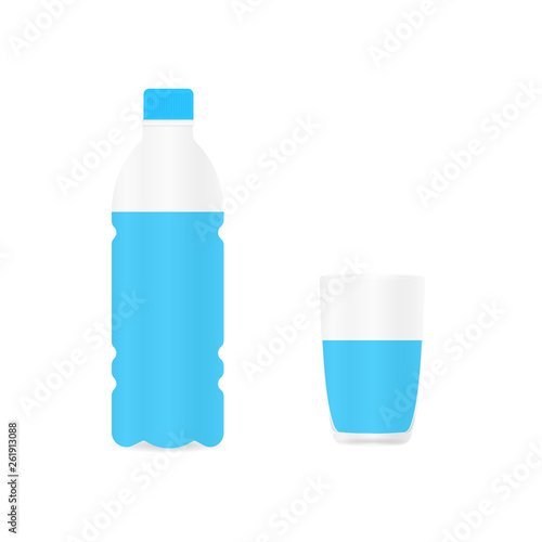 Bottle of water from plastic material and drinking glass of water. White background. Vector illustration