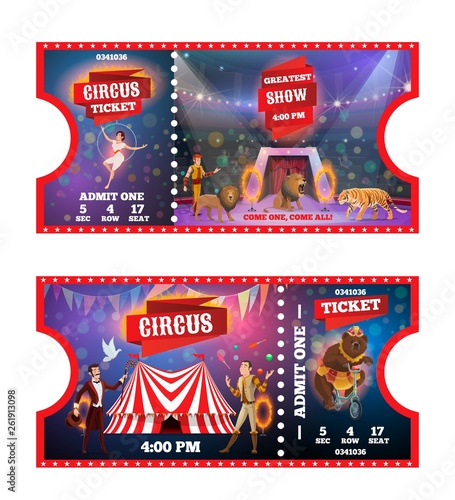 Circus tickets with animals, acrobats and magician