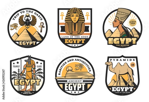 Egypt travel icons of ancient pharaoh pyramids