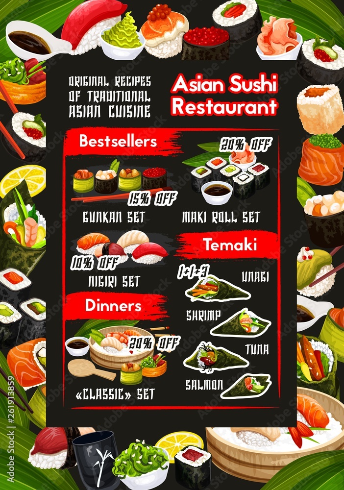 Japanese sushi menu of fish rolls, nigiri, temaki Japanese sushi menu of fish rolls, nigiri, temaki