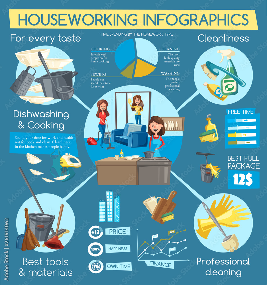 Housework infographic with cleaning service graphs Stock Vector Adobe