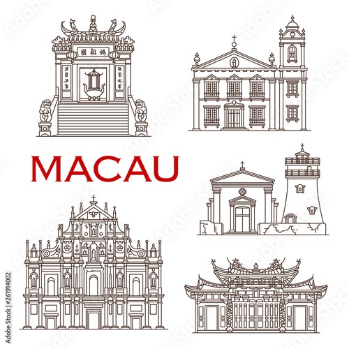 Macau travel landmarks. Asian architecture icons