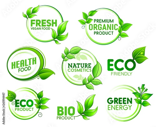 Eco, bio, organic product icons with green leaves