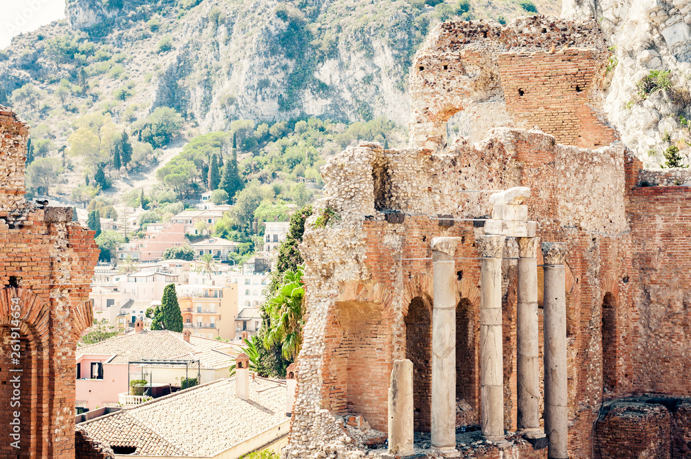 ruins of amphitheater in Taormina, Sicily, Italy.