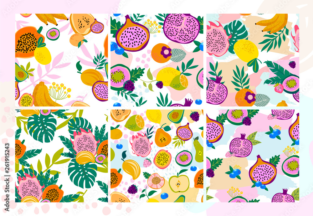 Set of seamless pattern with tropical fruits,shapes and leaves. Editable vector illustration Set of seamless pattern with tropical fruits,shapes and leaves. Editable vector illustration