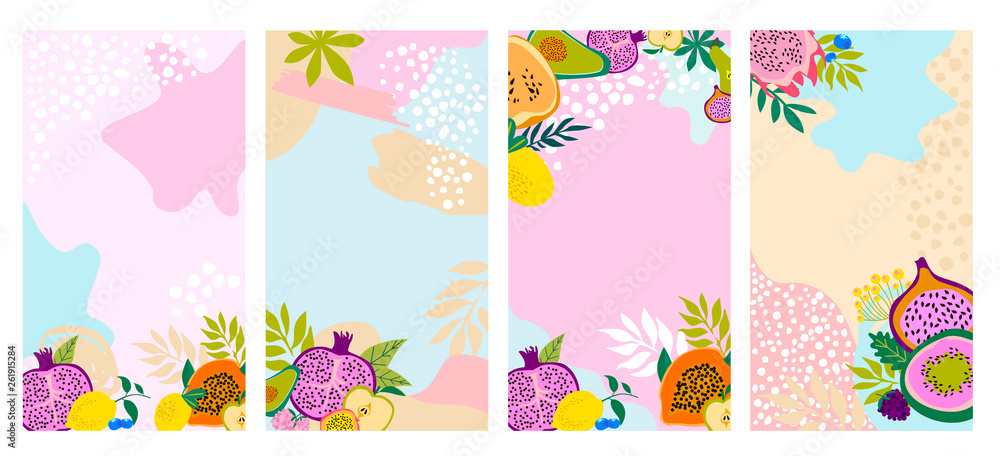 Set of Mobile App Page with tropical fruits,shapes and leaves. Editable vector illustration