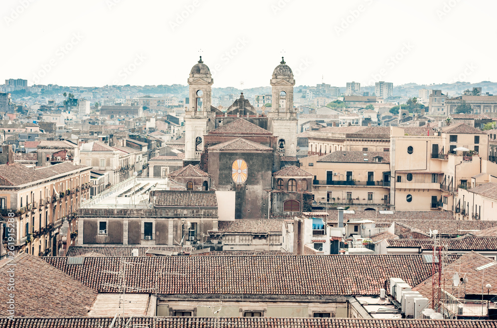 Catania aerial cityscape, traditional architecture of Sicily,  Southern Italy.