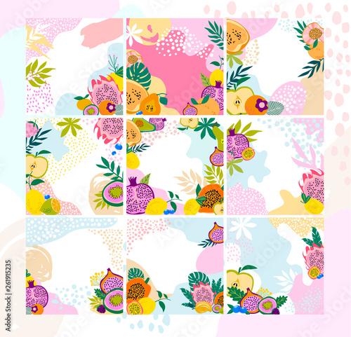 Set of square backgrounds with tropical fruits,shapes and leaves. Editable vector illustration