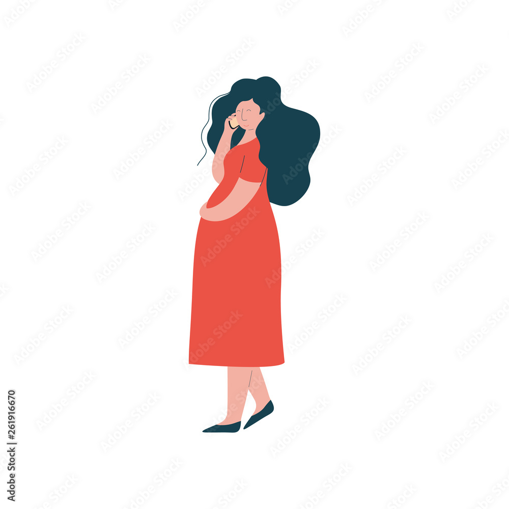 Attractive Brunette Pregnant Woman in Red Dress Talking on Phone, Happy Pregnancy, Maternal Health Care Vector Illustration Attractive Brunette Pregnant Woman in Red Dress Talking on Phone, Happy Pregnancy, Maternal Health Care Vector Illustration