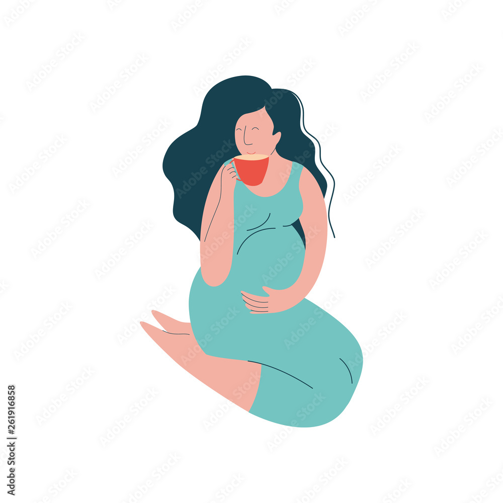 Attractive Brunette Pregnant Woman Sitting on Floor and Drinking Tea, Happy Pregnancy, Maternal Health Care Vector Illustration Attractive Brunette Pregnant Woman Sitting on Floor and Drinking Tea, Happy Pregnancy, Maternal Health Care Vector Illustration