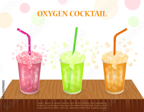 three oxygen cocktail on table. Concept for spa center. Glass with fruit cocktail and a pipe. vector illustration on a white background.