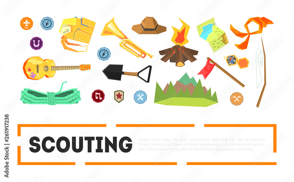 Scouting Banner Template with Camping and Hiking Equipment and place for Text, Outdoor Adventure Symbols Vector Illustration