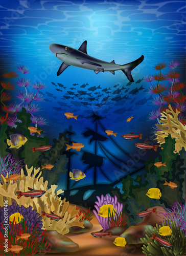 Underwater wallpaper with shark and sunken ship, vector illustration