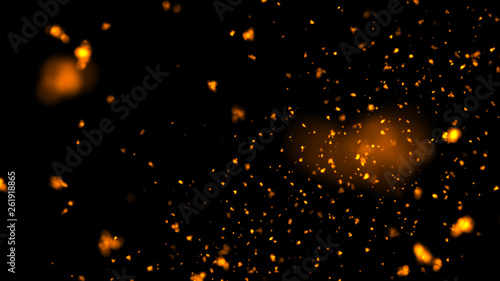 Gold bokeh defocused lights glitter powder splash background. Golden dust. Magic mist glowing.