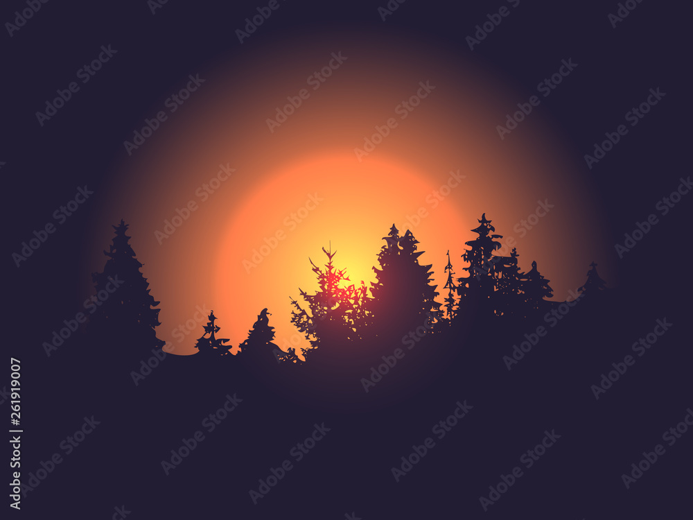 Forest silhouette against the vector sun background sunset or sunrise. Trees landscape.