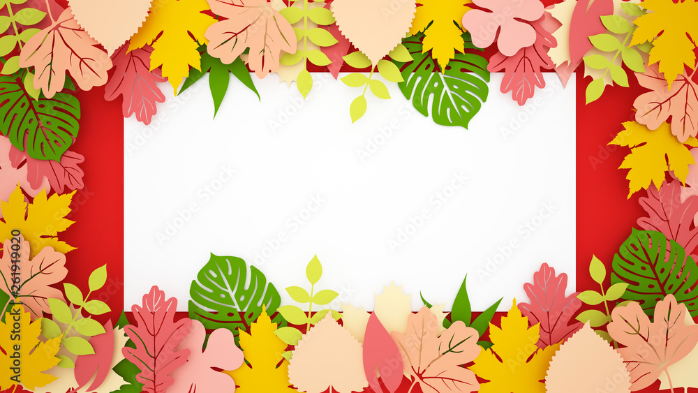 Multi Colored leaves on a red background and white space for tropical artwork. Colorful Leaves in the forest for the summer artwork or autumn artwork. 3D Illustration
