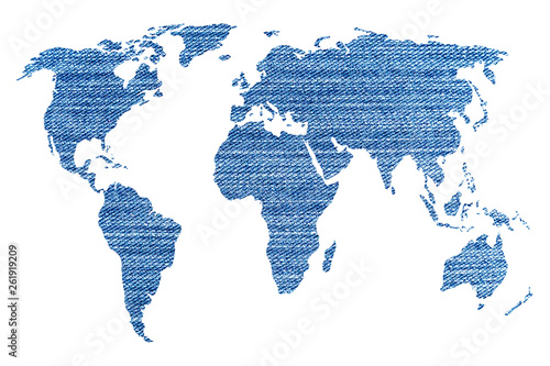 World map on blue jeans texture. Isolate on white background.
