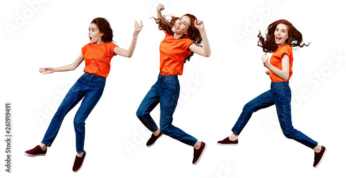 Collage of happy ginger woman in shirt and jeans jumping.
