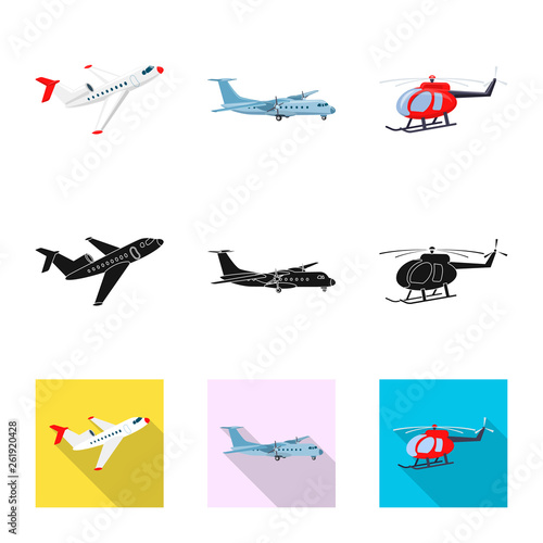 Vector illustration of plane and transport symbol. Set of plane and sky vector icon for stock.