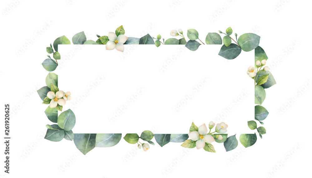 Fototapeta premium Watercolor vector frame with green eucalyptus leaves, Jasmine flowers and branches.