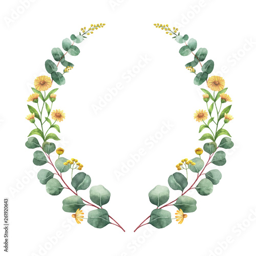 Watercolor vector wreath with green eucalyptus leaves and meadow plants.