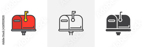 Mailbox closed, flag up icon. Line, glyph and filled outline colorful version, Post box outline and filled vector sign. Symbol, logo illustration. Different style icons set. Vector graphics photo
