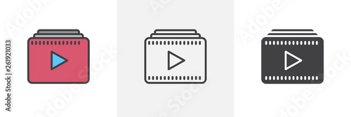 Video playlist icon. Line, glyph and filled outline colorful version, play multimedia player outline and filled vector sign. Symbol, logo illustration. Different style icons set. Vector graphics