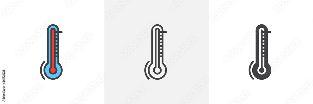 Thermometer, temperature icon. Line, glyph and filled outline colorful version, fever thermometer outline and filled vector sign. Symbol, logo illustration. Different style icons set. Vector graphics Thermometer, temperature icon. Line, glyph and filled outline colorful version, fever thermometer outline and filled vector sign. Symbol, logo illustration. Different style icons set. Vector graphics