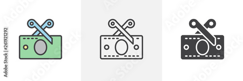 Scissors cutting money bill icon. Line, glyph and filled outline colorful version, Tax cut outline and filled vector sign. Symbol, logo illustration. Different style icons set. Vector graphics