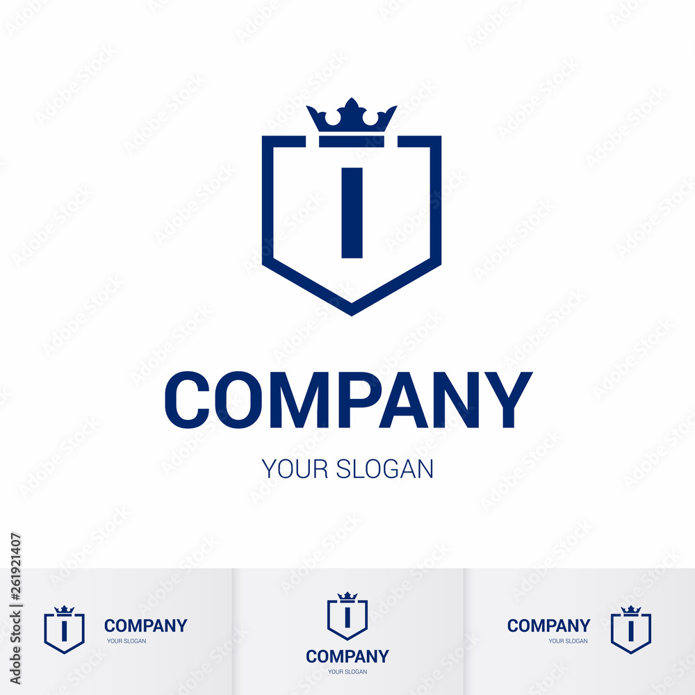 Illustration of Shield Badge-Shape with letter I in the Middle and Luxury Crown. Logo Icon Template for Web and Business Card, Letter Logo Template on White Background
