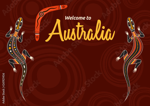 Abstract colorful flyer, poster, banner, placard, brochure design template with place for text. Lizards. Aboriginal style.