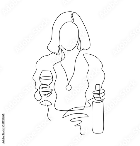 Woman drinks wine continuous one line drawing