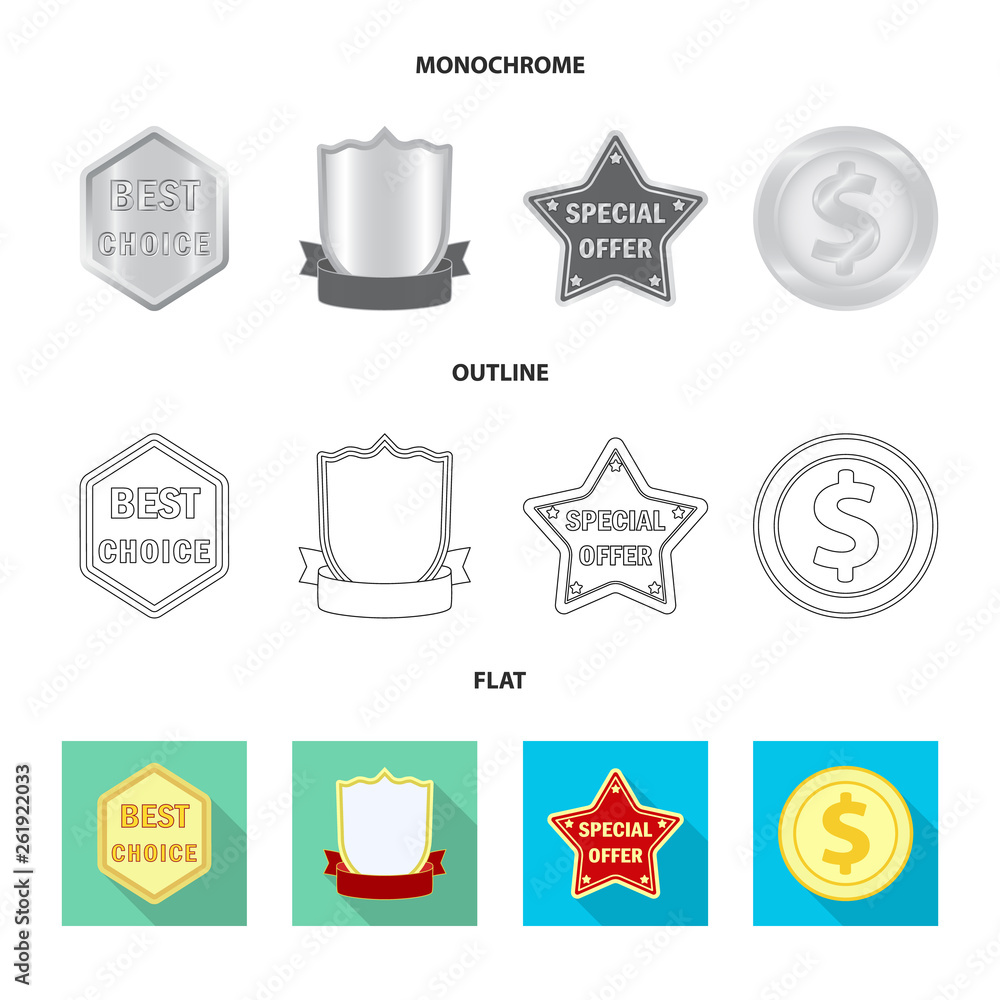 Vector design of emblem and badge sign. Set of emblem and sticker stock symbol for web.
