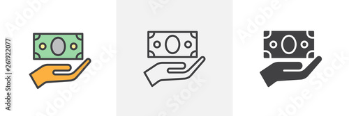 Hand and money bill icon. Line, glyph and filled outline colorful version, Cash money in hand outline and filled vector sign. Symbol, logo illustration. Different style icons set. Vector graphics