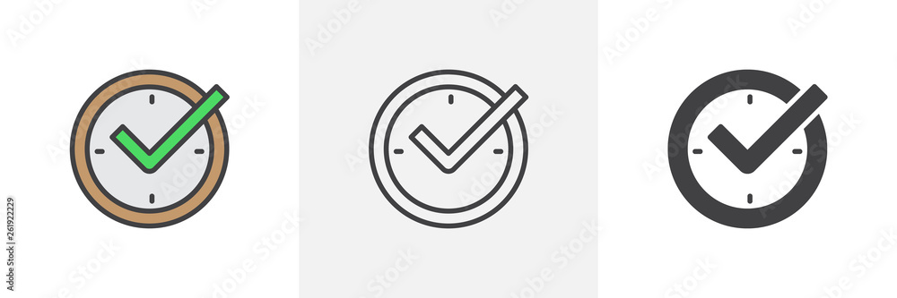 Check mark on clock icon. Line, glyph and filled outline colorful version, real time protection outline and filled vector sign. Symbol, logo illustration. Different style icons set. Vector graphics Check mark on clock icon. Line, glyph and filled outline colorful version, real time protection outline and filled vector sign. Symbol, logo illustration. Different style icons set. Vector graphics