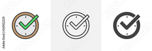Check mark on clock icon. Line, glyph and filled outline colorful version, real time protection outline and filled vector sign. Symbol, logo illustration. Different style icons set. Vector graphics