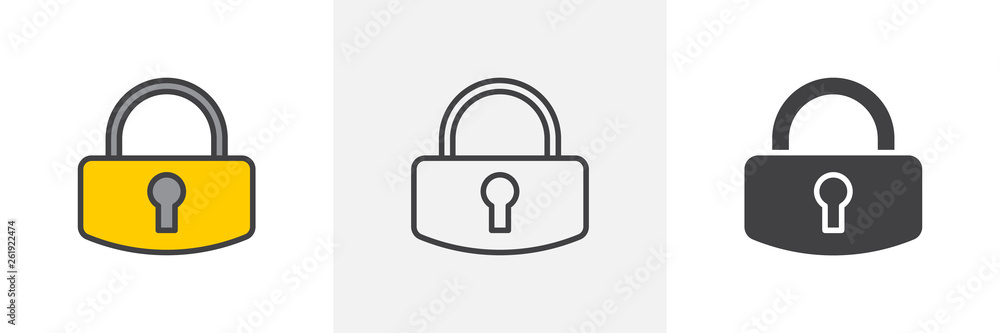 Lock, password icon. Line, glyph and filled outline colorful version, Locked padlock outline and filled vector sign. Symbol, logo illustration. Different style icons set. Vector graphics Lock, password icon. Line, glyph and filled outline colorful version, Locked padlock outline and filled vector sign. Symbol, logo illustration. Different style icons set. Vector graphics