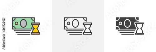 Payment history icon. Line, glyph and filled outline colorful version, hourglass and money outline and filled vector sign. Time is money symbol, logo illustration. Different style icons set. 