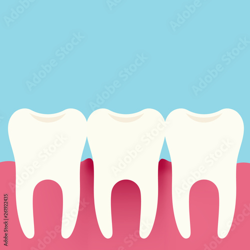 Flat design illustration of three teeth, gums and gingivitis. Dental Care, Isolated On Blue-Green Background - Vector