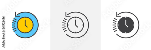 History, clock with arrow around icon. Line, glyph and filled outline colorful version, time back outline and filled vector sign. Symbol, logo illustration. Different style icons set. Vector graphics