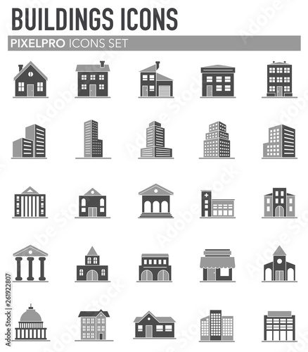 Buildings icons set on white background for graphic and web design. Simple vector sign. Internet concept symbol for website button or mobile app.