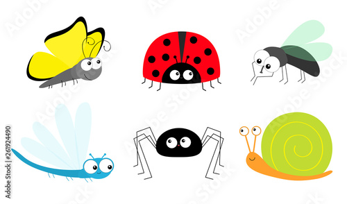 Butterfly Lady bug ladybird Fly Housefly Spider Snail Dragonfly insect icon set. Baby kids collection. Cute cartoon kawaii funny character. Smiling face. Flat design. White background.