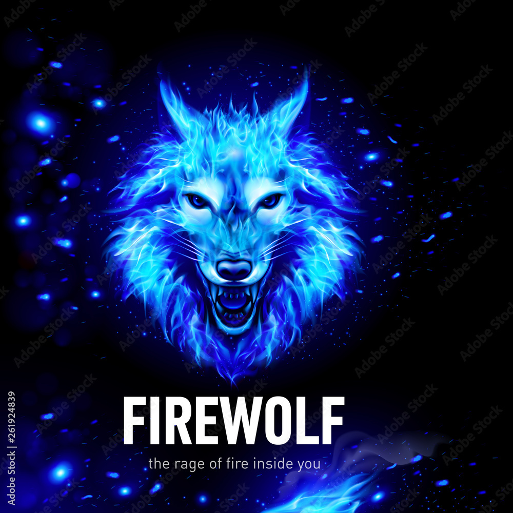 Head of Aggressive Woolf in Fire and Sparks. Concept Image of a Blue Wolf and Flame on a Black Background